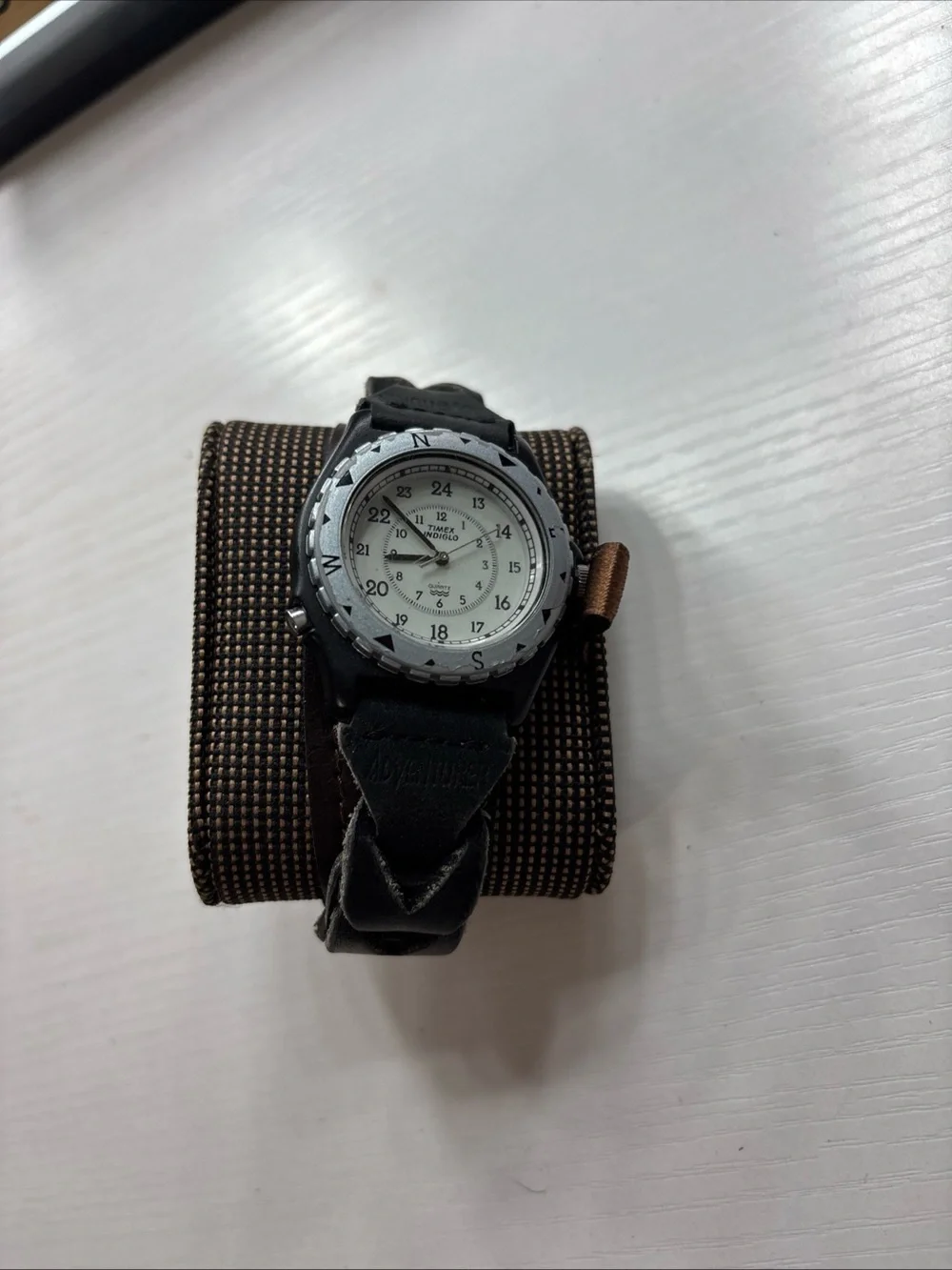 Timex Black Strap Watch with White Dial and Compass Bezel
